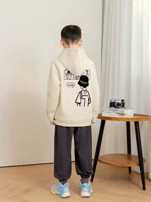 1件装男童休闲印花套头卫衣，保暖内衬，长袖，秋冬季 - 杏色 - 查看 2