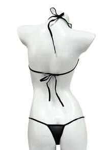 Christmas Gift Color-Block Trim Lingerie Set, Micro Triangle Camisole Tie Bikini Bra And Thong, Women's Underwear, Christmas Essential Item - 黑色 - 查看 4