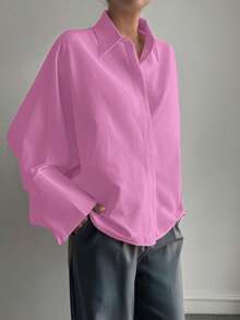 Women's French Solid Shirt, Retro Charm, Long Sleeve Business Interview Commute Casual Relaxed Minimalist Elegant Shirt, Suitable For Daily Wear, Home Wear, Street Style, An Ideal Choice For Women's Winter Wear. Valentine's Day, New Year - Coral Pink - View 3