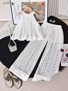 Vihyde 2pcs Girls Vacation Style Set: White Textured Halter Neck Sleeveless Top & Semi-Sheer Floral Trim Wide Leg Pants - White - View 5