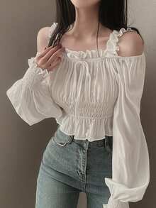 Korean Chic French Square Collar Niche Design Off-Shoulder Ruffle Puff Sleeve Cropped Shirt Blouse Top - White - View 1