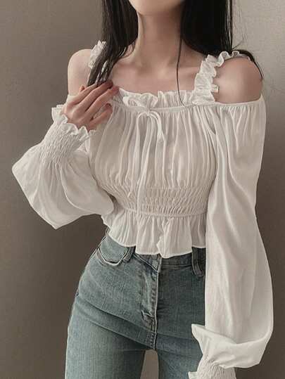 Korean Chic French Square Collar Niche Design Off-Shoulder Ruffle Puff Sleeve Cropped Shirt Blouse Top