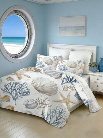 3 piezas Juego de Funda Nórdica con Estampado Digital de Tema Oceánico (1 Funda Nórdica + 2 Fundas de Almohada, Edredón no Incluido). Este Juego de Ropa de Cama está Hecho de Tela de Poliéster Suave, Cómoda y Transpirable, Decorado con Patrones de Conchas Marinas y Corales. Adecuado para Dormitorio del Hogar, Habitación de Invitados, Sala de Juegos, Hotel y Dormitorio Escolar.