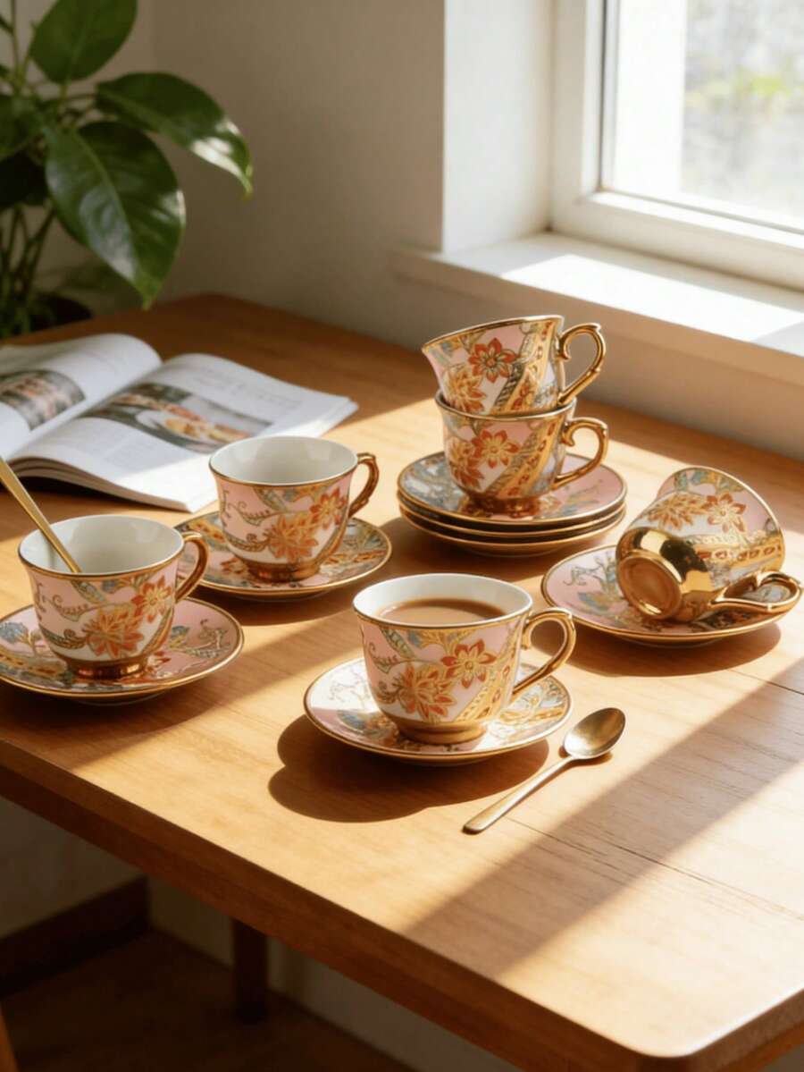 Vintage Floral Tea Cup And Saucer Set Of 6 - Porcelain Coffee & Espresso Cups, Afternoon Tea Party Serving Set, Elegant Bridal Shower Gift, Birthday Party Decor, Women's Tea Collection - 彩色 - 查看 1