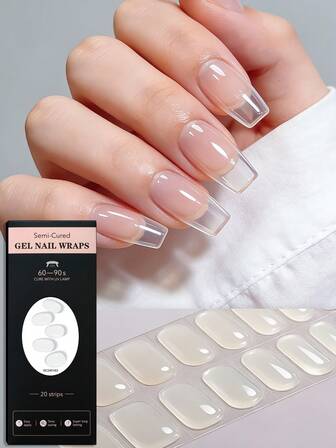 20 st. halvhärdade gelnagelklistermärken, transparenta minimalistiska kristaller självhäftande heltäckande nagelkonstset, klar textur, skyddar naturliga naglar, kan användas med UV-lampa, lätt att applicera och ta bort, moderiktiga nagelaccessoarer för kvinnor och flickor, daglig fest, gör-det-själv