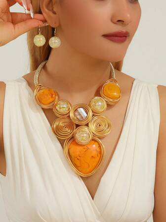 Exaggerated Multi-Layer Resin Pendant, Handmade Aluminum Wire Braided Beaded Necklace & Earrings, Fashionable Vintage Bohemian Style For Party, Wedding, Vacation