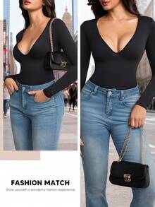 Women's Fashion Deep V-Neck Long Sleeve Bodysuit - Black - View 3