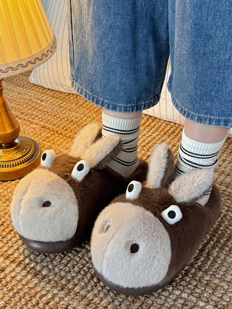 3D Cute Pet Big Head Donkey Cartoon Plush Lined Slip-On House Slippers, Fluffy Warm & Breathable, Unisex Couples, Men's House Slippers, Funny Slippers, Women's Winter House Slippers, Women's Winter Slippers, Silly Donkey Slippers, Big Eye Slippers, Big Ear Slippers, Christmas Gift