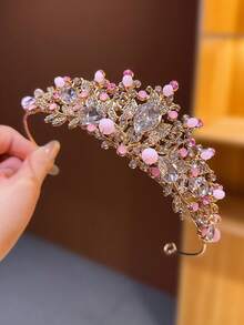 1 pieza Corona de cristal rosa, Accesorio de diadema de princesa de lujo, Regalo de cumpleaños - Rosa - Ver 2
