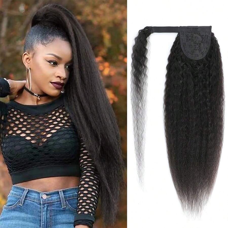 BINF Long Kinky Yaki Straight Ponytail Extension Human Hair With Wrap Around Magic Tape Brazilian Hair Clip In Extensions Kinky Straight Wrap Around Human Hair Ponytail For Women Yaki Kinky Straight Human Hair Wrap Around Ponytail Hair Piece With Clips - KinkyStraight Wrap Around Ponytail - 查看 1
