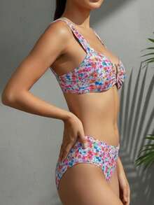 2pcs/Set Floral Print Cute & Sexy Ruffle Trim Circular Ring Bikini, Beach Vacation Summer - Multicolor - View 6