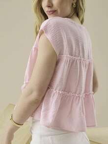 Women's Summer Cute Boho Blouse Shirts Y2k Striped Ruched Flowy Ruffle Peplum Short Cap Sleeve Round Neck Babydoll Crop Tops Tee Kawaii Peplum Spring Clothes Boho Beach Holiday Outfits,90s Fashion Women,Valentine's Day Wear,Going Out Tops,Mardi Gras Outfit,Tropical Vacation Outfits - 粉色 - 查看 2