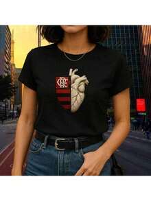 Flamengo Women's T-Shirt With Heart Design - New Release - 100% Cotton - 30.1 Thread Count - màu đen - Xem 1