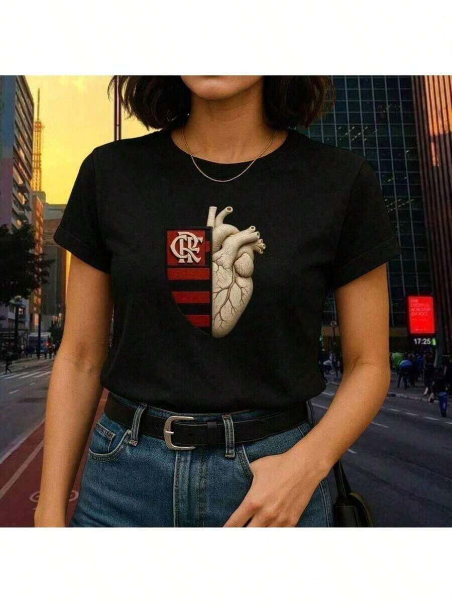 Flamengo Women's T-Shirt With Heart Design - New Release - 100% Cotton - 30.1 Thread Count - màu đen - Xem 1