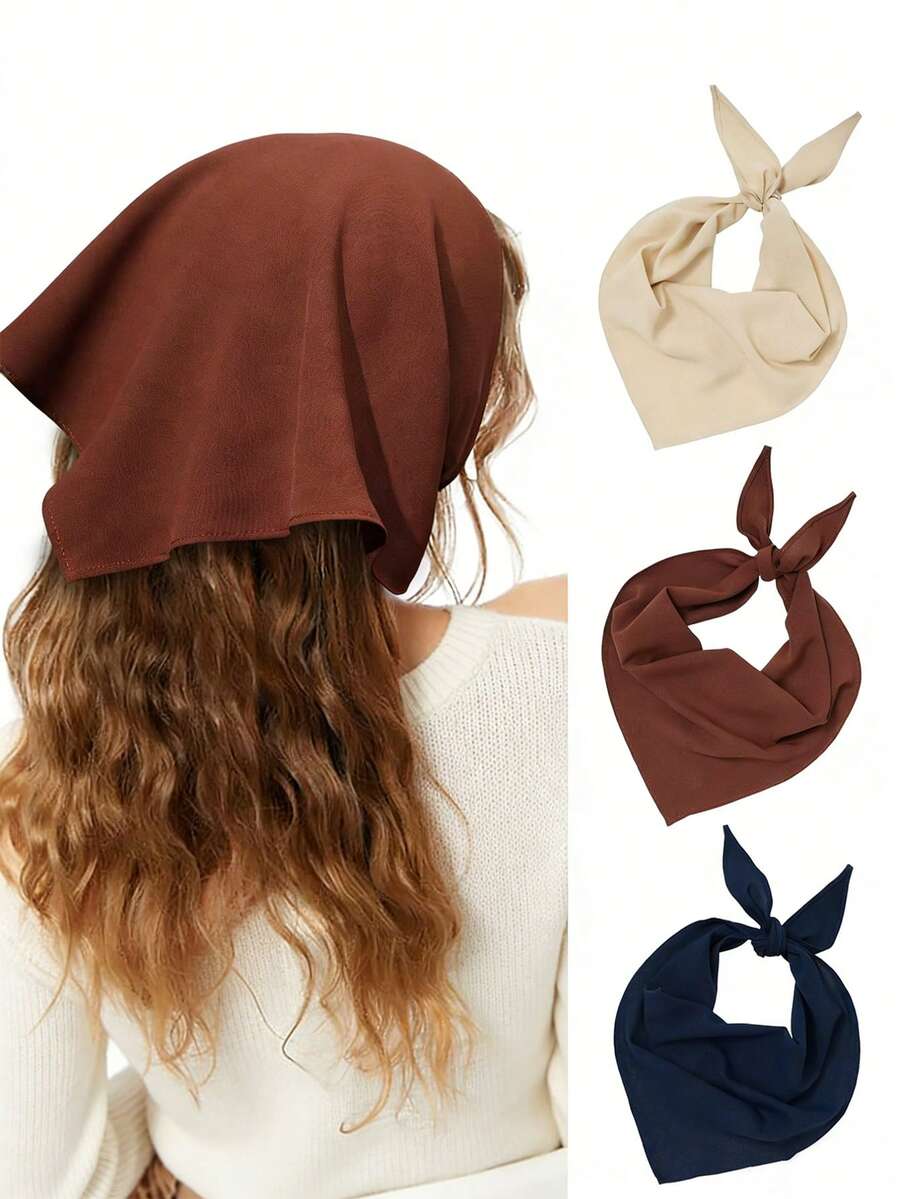 1-3pcs Teens/Young Adults Solid Color Fabric Large Triangle Headscarf Headband - Multicolor - View 1