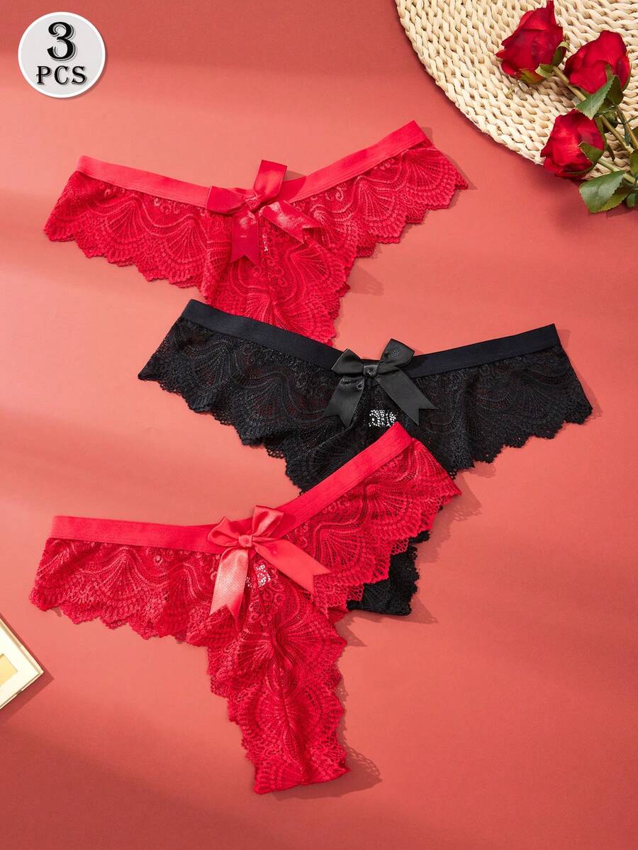 3pcs/Pack Plus Size Women Lace Thong Panties With Bow, Sexy Transparent Elastic Comfortable Underwear, Black & Red Thong With Bowknot - Multicolor - View 1