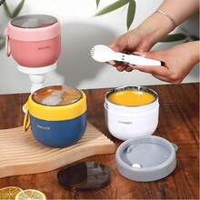 1pc Overnight Oats Container With Lid And Reusable Plastic Spoon, Portable Stainless Steel Yogurt Breakfast Cup, Cereal, Milk And Fruit Salad Storage Container - Multicolor - View 3