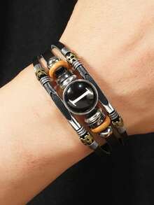 1pc Fashionable 26 English Letter Leather Bracelet, Handmade Adjustable Braided Bracelet For Men - Black - View 2