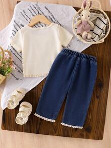 2pcs Baby Girl Fashionable Minimalist Bohemian Style Set: 3D Bow Decor Fringe Trim Round Neck Short Sleeve T-Shirt Top And 3D Bow Decor Elastic Waist Denim Long Pants - Apricot - View 3