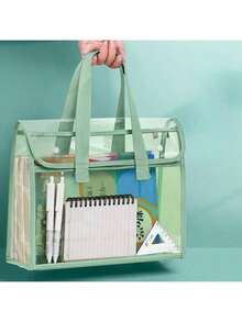 2026 Upgraded Version Large Capacity Transparent Waterproof PVC Handbag With Expandable Mesh Storage Bag - Portable For Office Supplies, School Files And Other Documents - Available In Pink, Green, Blue, Khaki, Also Comes With Document Storage Bag. Fashionable Storage Bag, PVC Material. - Multicolor - View 6