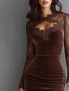Womens Long Sleeve Sheer Lace Cutout Neck Velvet Bodycon Mini Dress - 咖啡 - 查看 3