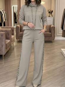 Women's Casual Leopard Print Drawstring Bodysuit And Pants Set, Minimalist Spring Outfit - Grey - View 3