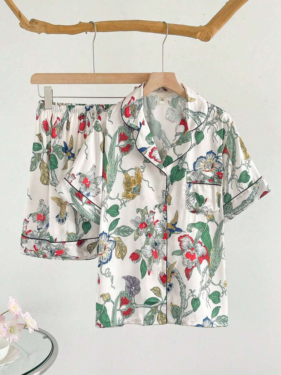 2件套女士丛林植物印花翻领短袖短裤睡衣套装，家居服 - 綠色 - 查看 1