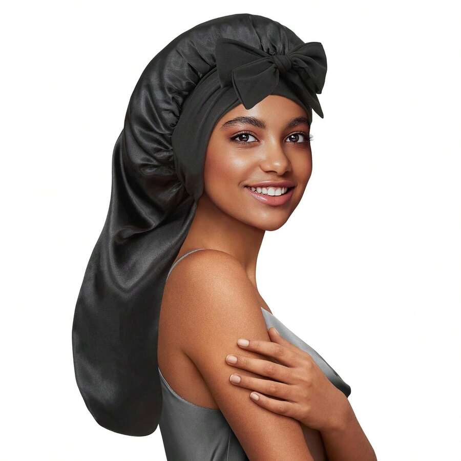 Double Layer Long Satin Bonnet For Sleeping Reversible Silk Bonnet For Long Hair Women Sleeping Cap With Tie Band Comfortable Soft Protect Your Hair 2026 New - 黑色 - 查看 1