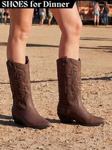Brown Faux Leather Women's Embroidered Cowgirl Boots For Outdoor Music Festival Black White Brown Mid-Calf Pull-On Block Heel - 棕色 - 查看 1