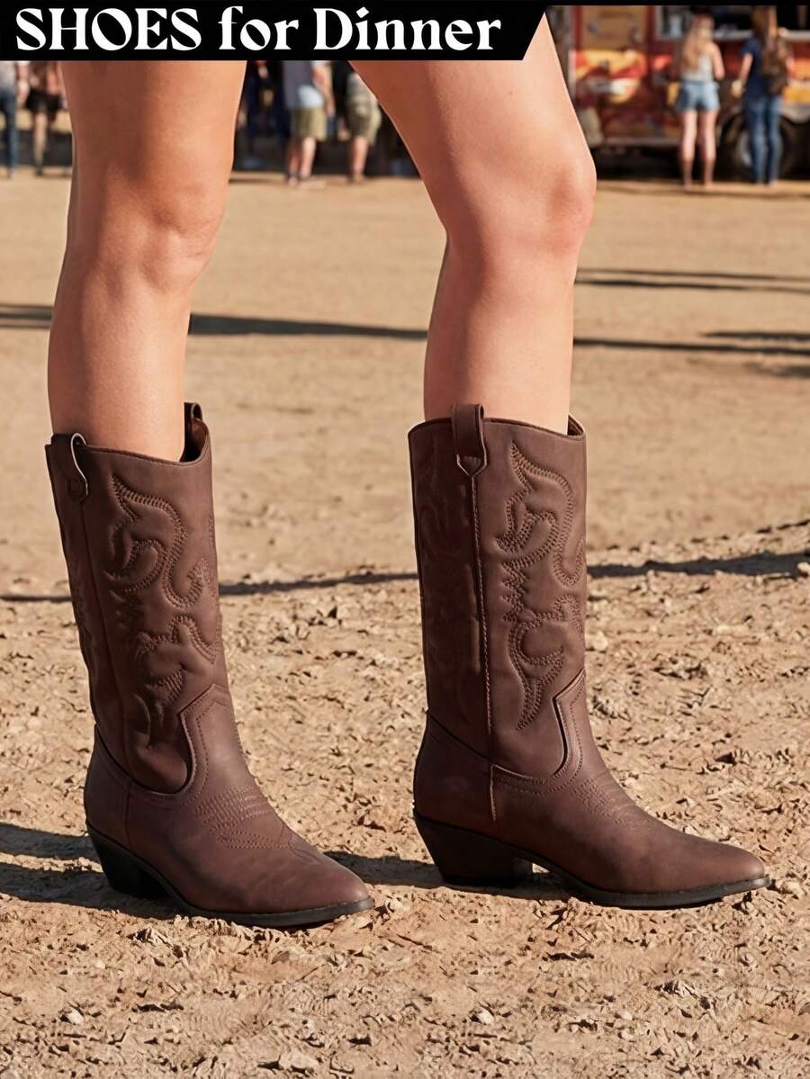 Brown Faux Leather Women's Embroidered Cowgirl Boots For Outdoor Music Festival Black White Brown Mid-Calf Pull-On Block Heel - 棕色 - 查看 1