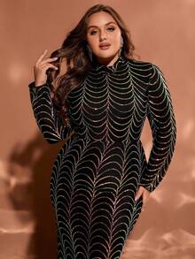 Plus Size Long Sleeve Stand Collar Multi-Color Geometric Sequin Patchwork Maxi Evening Dress - Multicolor - View 2
