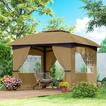 Outsunny Gazebo, Approximately 3.4 X 3.4 M, Water-Repellent Garden Pavilion With 4 Side Panels, Roof, Party Tent With UV Protection, Galvanized Metal Frame, Beige - Camel - View 2