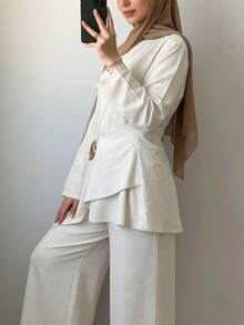 Women Metal Decor Round Neck Long Sleeve Top And Wide Leg Pants Conservative Suit - Beige - View 3