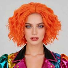 Hitzebeständige synthetische orange Bob Perücke, kurze flauschige lockige schulterlange Perücke. Natürlich & leicht zu tragen für Männer und Frauen. Geeignet für Partys, Urlaub, Clown Cosplay, Bühne, Ausstellung und Weihnachten, ideales praktisches Geschenk. - Verschiedenfarbig - Übersicht 12