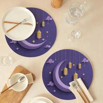 2/4/6 Pcs Simple & Elegant Ramadan Crescent Moon Lantern Pattern Placemats - 15.0 Inch Round Table Mats, Suitable For Party Dining And Holiday Decor. Also Suitable For Home Decor, Holiday Table Decor, Farmhouse Holiday Decor, Farmhouse Style Decor, Washable Mats, Durable Material, Holiday Table Decor And Home Entertainment.