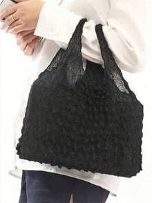 1 pieza Bolso de mano expandible y lindo con ribete de volantes y correa de muñeca, hecho de tela de poliéster duradera, bolso portátil, opciones de varios colores, adecuado para compras, uso diario, regalo, bolso de moda y práctico con textura de loto, diseño interior de gran capacidad, mecanismo retráctil confiable, fácil de guardar, bolsa de compras pequeña, réplica, retornable - Multicolor - Ver 6