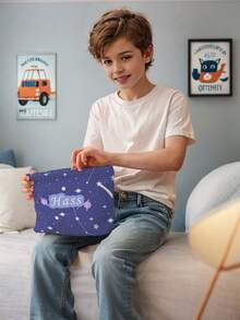 1pc Customized Name Cartoon Space Pattern Corduroy Toiletry Storage Bag, Perfect Choice For Organizing Toiletries When Traveling, Can Be Customized According To Your Unique Design, Very Suitable For Children, Print Your Own Name Or Print Your Sister's And Classmates' Names As A Gift To Give To Others - Multicolor - View 4