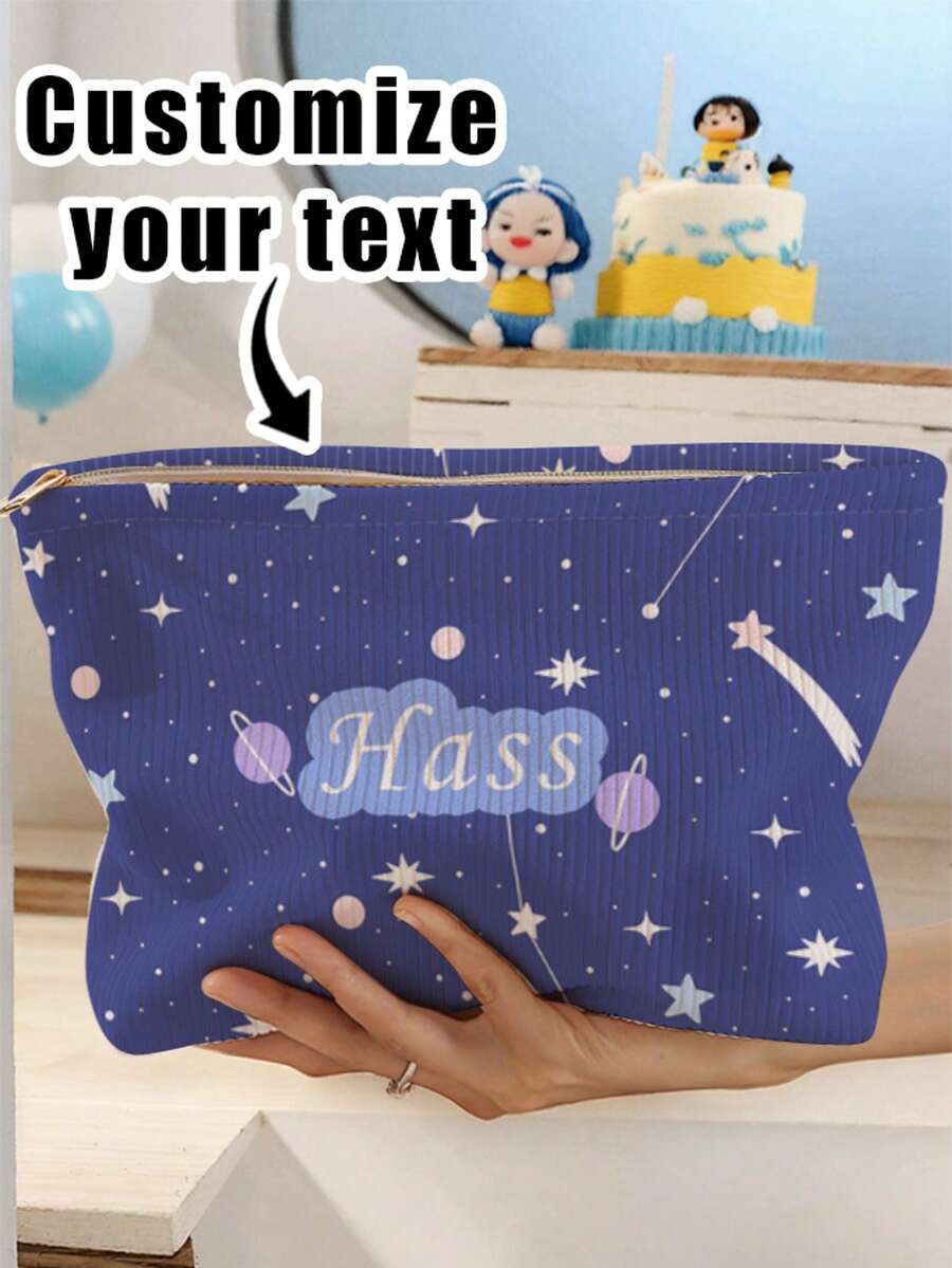 1pc Customized Name Cartoon Space Pattern Corduroy Toiletry Storage Bag, Perfect Choice For Organizing Toiletries When Traveling, Can Be Customized According To Your Unique Design, Very Suitable For Children, Print Your Own Name Or Print Your Sister's And Classmates' Names As A Gift To Give To Others