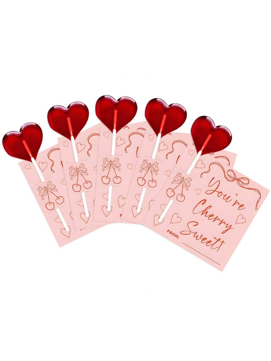 24pcs Cherry Valentine's Day Lollipop Insert Party Decoration Bow Cherry Love Card Happy Valentine's Day Young Favors - Multicolor - View 1
