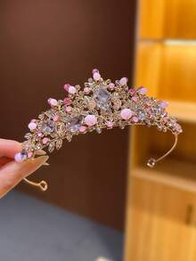1 pieza Corona de cristal rosa, Accesorio de diadema de princesa de lujo, Regalo de cumpleaños - Rosa - Ver 4