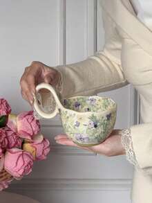 1 tasse en céramique de 450 ml avec anse florale, grande capacité, tasse petit-déjeuner, convient pour les desserts, le lait, la bouillie d'avoine, usage domestique polyvalent - Multicolore - Voir 13