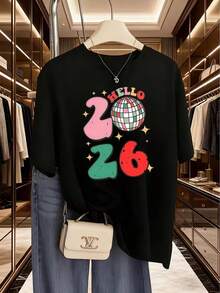 Camiseta de Mujer con Diseño de Bola de Discoteca para Año Nuevo 2026 - Top Casual de Manga Corta con Cuello Redondo y Diseño Colorido '2026', Camiseta de Verano Lavable a Máquina para Fiestas y Uso Casual, Ropa de Fiesta, Diseño Divertido, Tela de Elasticidad Media - ["Negro"] - Ver 7