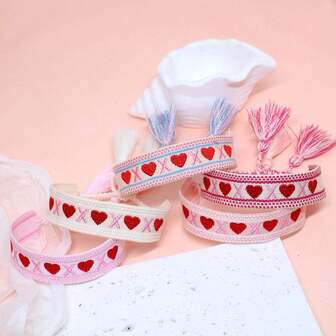 1pc Romantic Heart Embroidery Vintage Tassel Handmade Braided Bohemian Boho Bracelet, Gift For Valentine's Day, Festivals, Parties