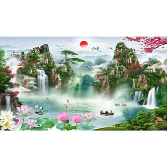 1pc Vintage Diamond Art Painting Kit, Trees Waterfall Boat Mountain Landscape Diamond Painting, Ideal Gift For Bedroom, Living Room, Hallway, Wall Art, Wall Decor, Autumn Decor, Room Decoration