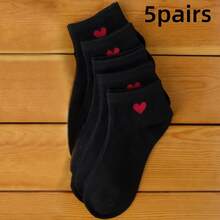 5 Pairs Of Soft And Comfortable Socks With Black Body Embellished With Heart-Shaped Patterns, Hand And Machine Washable, Perfect For All Day Wear On Home Slippers, Canvas Shoes, And Sneakers - 黑色 - 查看 11