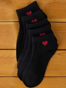 5 Pairs Of Soft And Comfortable Socks With Black Body Embellished With Heart-Shaped Patterns, Hand And Machine Washable, Perfect For All Day Wear On Home Slippers, Canvas Shoes, And Sneakers - 黑色 - 查看 2