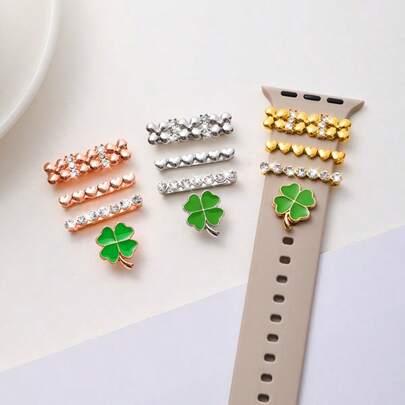4pcs/Set Four-Leaf Clover Design Watch Band Decorative Rings - Zinc Alloy Material, Fashionable Watch Band Accessories Compatible With Apple Silicone Watch Bands (Watch Band Not Included)