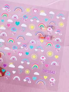 1 Sheet Kids' Nail Stickers - Rainbow & Heart Cartoon Style, Cute Playful Decorative Stickers, Ideal For Kids' Nail Art DIY Supplies Or Gifts