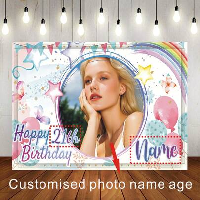 Customizable Photo, Name, Age Colorful Artistic Blurred Birthday Background Cloth, Rainbow, Stars, Butterfly, Balloon Pattern Design, Suitable For Birthday Party Cake Table Decor, Photography Backdrop, Vinyl Material