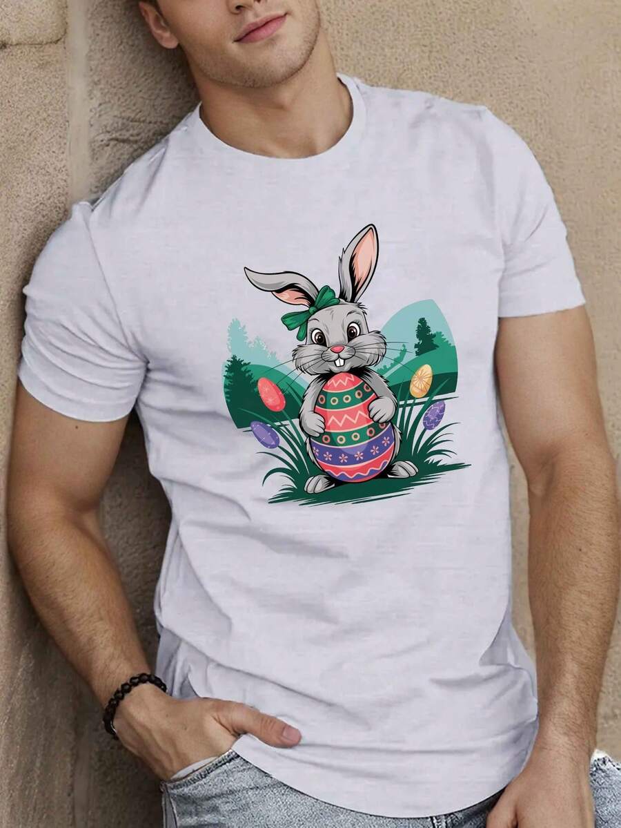 [Traje del Festival] camiseta Casual con patrón de conejito de Pascua para hombres-Manga corta, cuello redondo, fibra de poliéster, lavable a máquina, Top de verano, diseño de huevo y conejo, disfraz Festival |   Camiseta patrón juguetón |   Textura suave - Azul Marino - Ver 1